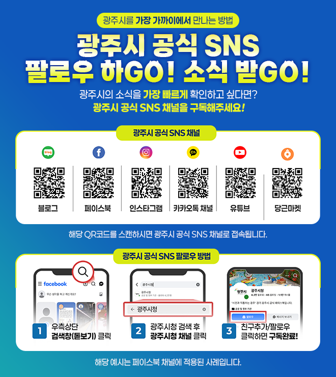 
				광주시를 가장 가까이에서 만나는 방법 광주시 공식 SNS 팔로우 하GO! 소식 받GO! 
				광주시의 소식을 가장 빠르게 확인하고 싶다면? 광주시 공식 SNS 채널을 구독해주세요!
				광주시 공식 SNS 채널
				블로그 QR코드, 페이스북 QR코드, 인스타그램 QR코드, 카카오톡 채널 QR코드, 유튜브 QR코드, 당근마켓 QR코드
				해당 QR 코드를 스캔하시면 광주시 공식 SNS 채널로 접속됩니다.
				광주시 공식 SNS 팔로우 방법
				1. 우측상단 검색창(돋보기) 클릭
				2. 광주시청 검색 후 광주시청 채널 클릭
				3. 친구추가/팔로우 클릭하면 구독완료!
				해당 예시는 페이스북 채널에 적용된 사례입니다.
				
